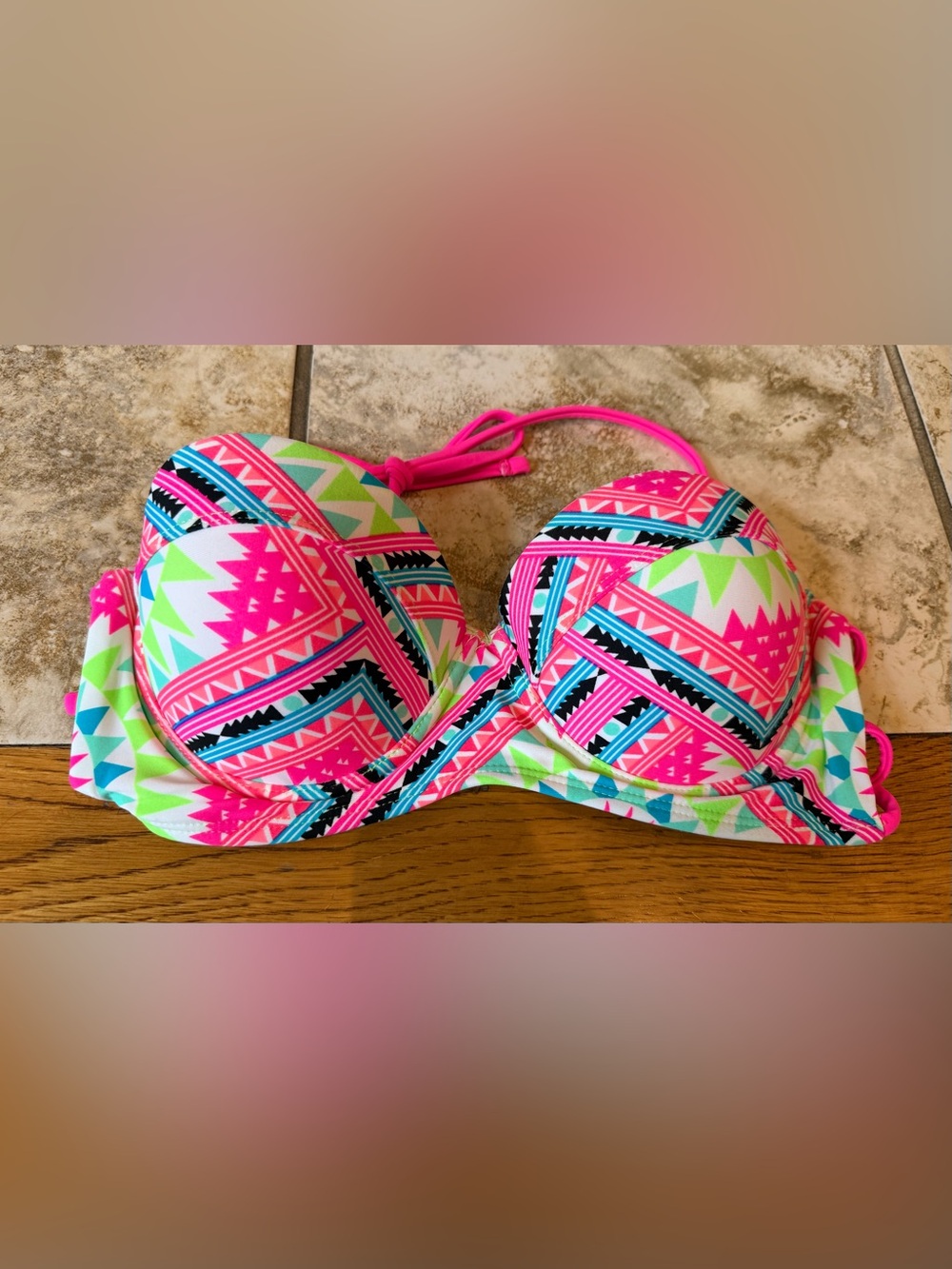 Vibrant Neon Geometric Push-Up Bikini Top